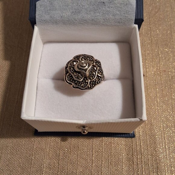 Vintage 925 Thailand Silver Marcasite Ring Rose Design Sz 6 - Picture 6 of 6